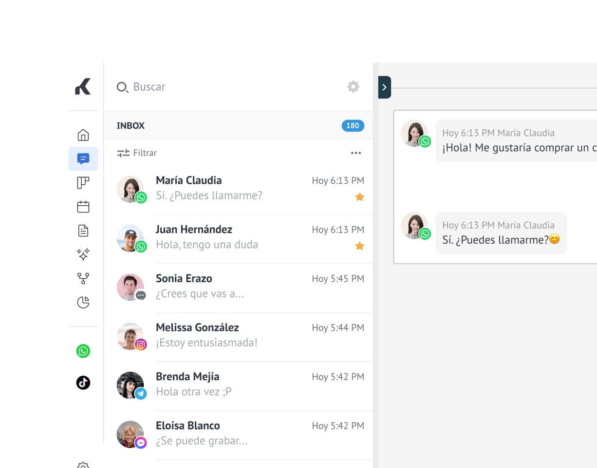 Bandeja de Kommo con conversaciones de WhatsApp, Instagram, Telegram y Messenger.