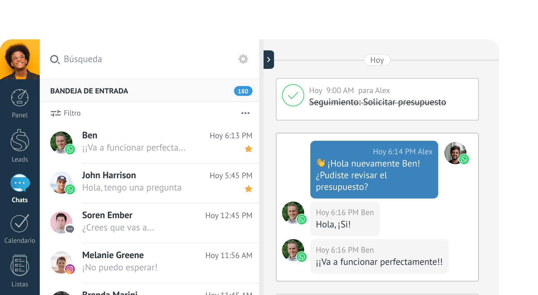 Historial de conversación con mensajes y una tarea de seguimiento completada.