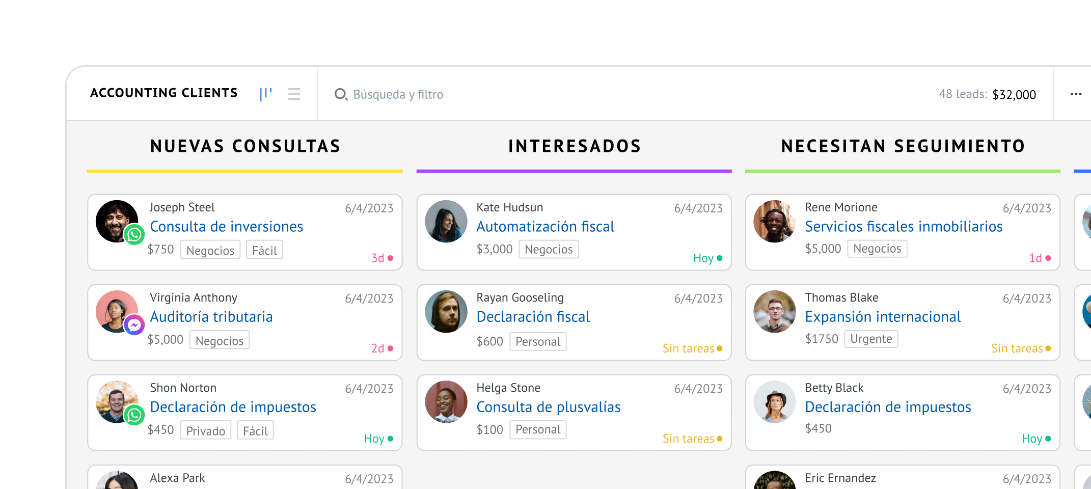 Pipeline de Kommo con oportunidades organizadas por etapa de venta.