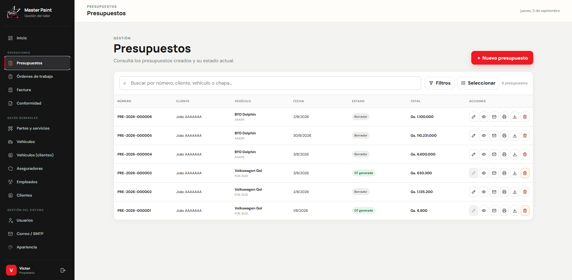 Nueva aplicación web de Master Paint, con una lista de presupuestos, búsqueda, filtros y estados.