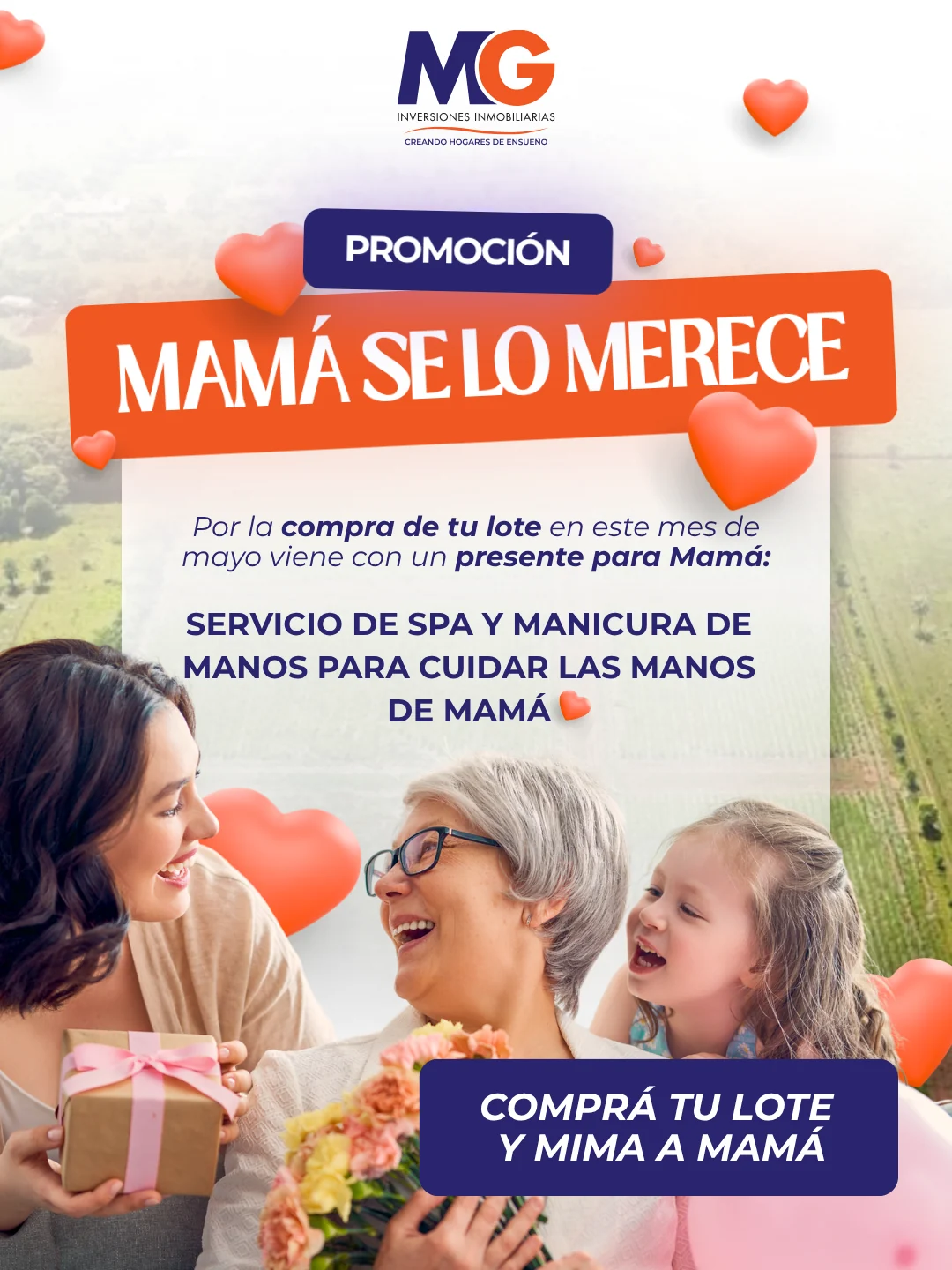 Promoción de MG Inversiones por el mes de la madre con un obsequio de spa y manicura al comprar un lote.