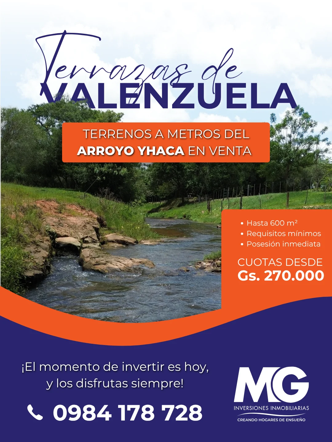 Flyer de terrenos en Terrazas de Valenzuela junto al arroyo Yhaca.