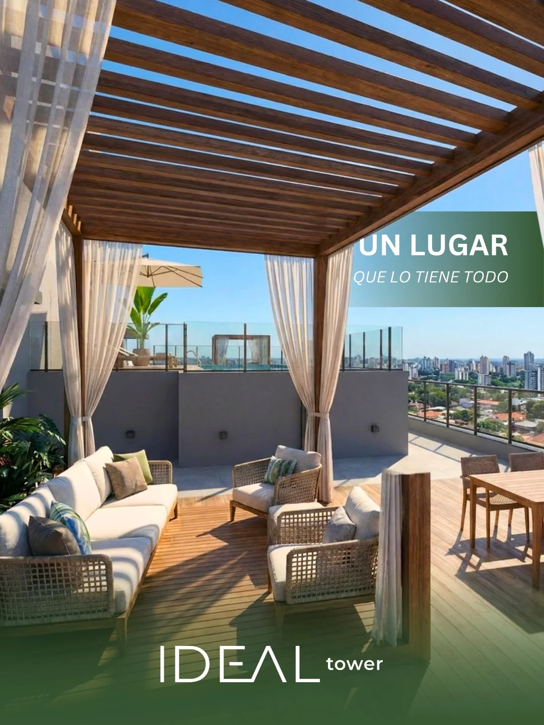 Terraza amueblada de Ideal Tower con pérgola, sillones y vistas de la ciudad.