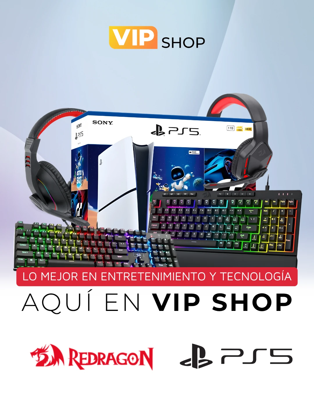 Pieza de VIP Shop con una PlayStation 5, auriculares gamer y teclados.