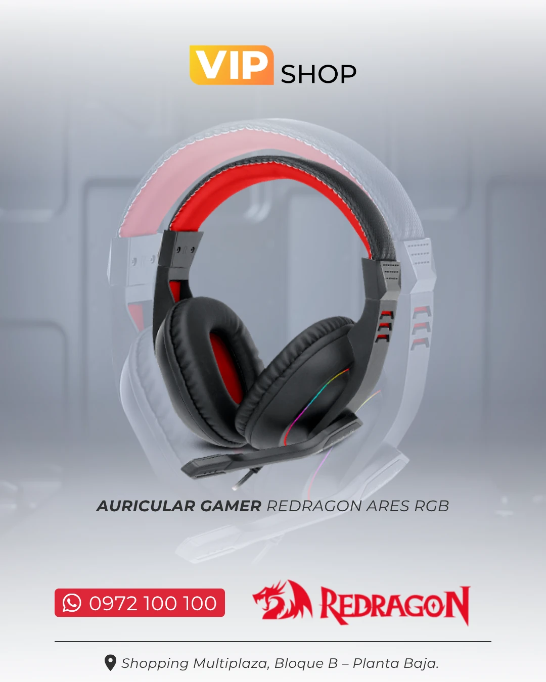 Pieza de VIP Shop para los auriculares gamer Redragon Ares RGB, con datos de contacto y ubicación de la tienda.