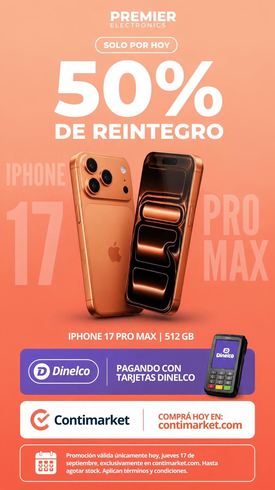 Pieza de campaña del iPhone 17 Pro Max con una promoción de reintegro con tarjetas Dinelco en Contimarket.