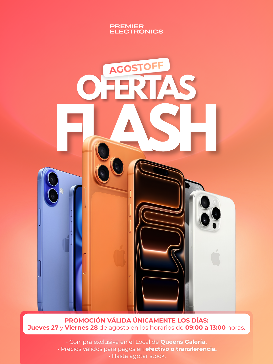 Pieza promocional de ofertas flash de Premier Electronics con una selección de teléfonos iPhone.