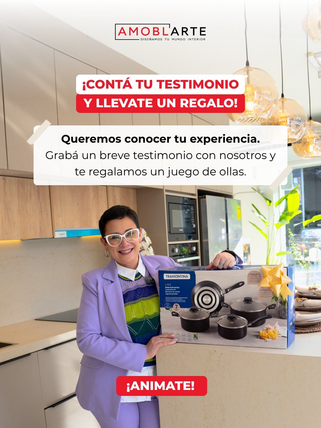 Invitación de Amoblarte para que sus clientes compartan un testimonio sobre su experiencia.