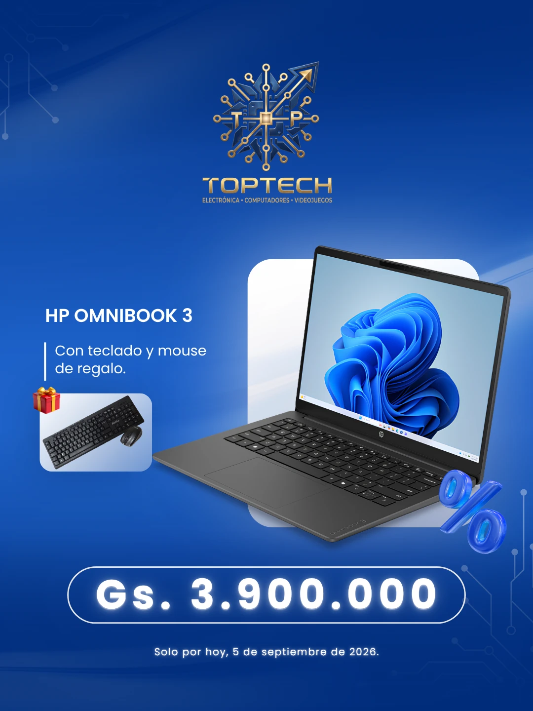 Pieza promocional de una notebook HP OmniBook 3 con teclado y mouse de regalo.