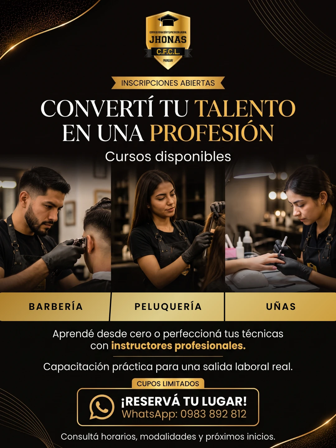 Flyer de Jhonas que anuncia inscripciones para cursos de barbería, peluquería y uñas.