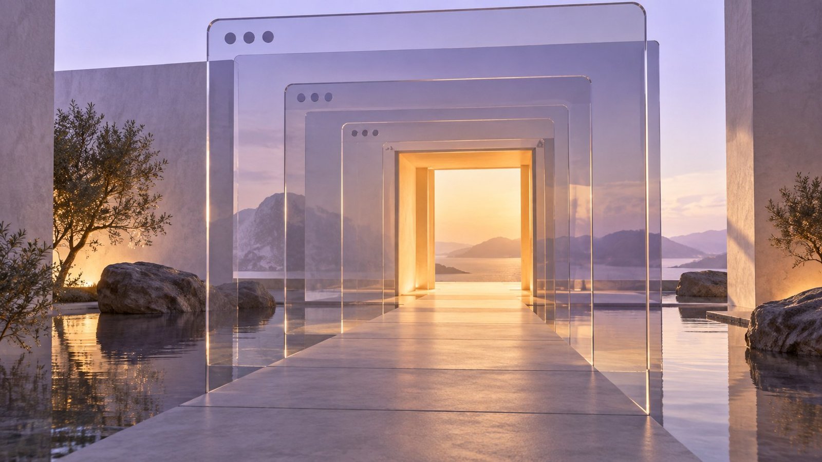 Marcos translúcidos que conducen hacia una puerta iluminada al atardecer.